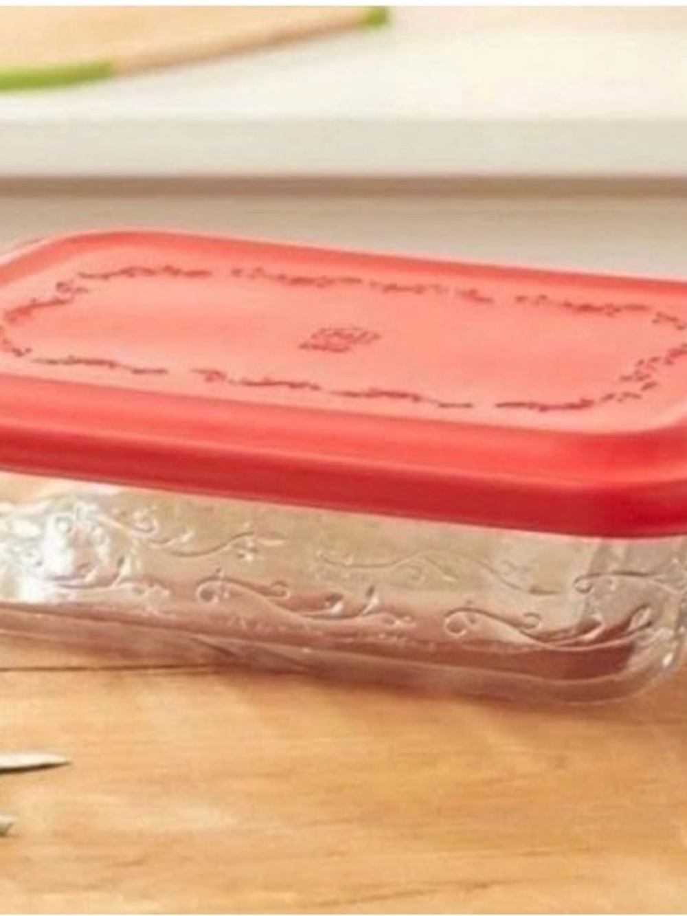 Princess House Red Embossed Glass Food Storage Container with Snap Lid